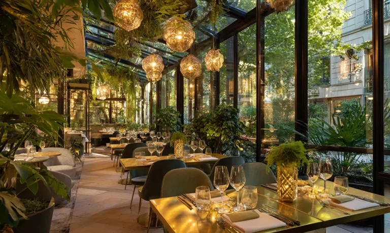 Vue du restaurant Mon Square Paris sous verrière avec jardin intérieur et tables dorées