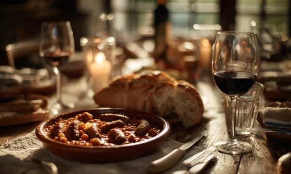 Table de bistrot français avec plat de saucisse lentille, pain et vin rouge
