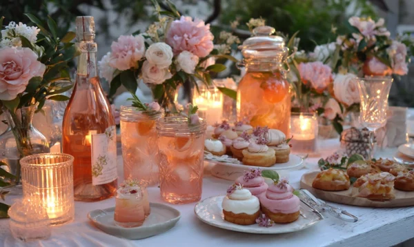 Table d’été avec limonades rosées et desserts à la rose maison