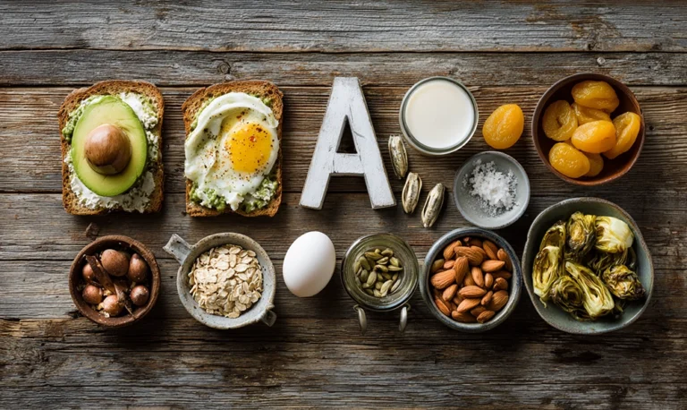 Vue du dessus d’une table garnie de toasts à l’avocat, abricots rôtis, artichauts et porridge d’avoine.