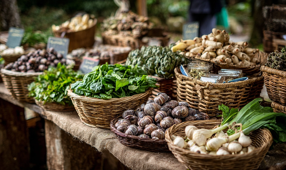 Étals de marché avec légumes en E et spécialités françaises sous une lumière dorée
