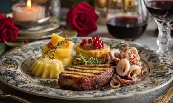 Assiette conviviale avec escalopes dorées, emmental fondu, éclair pâtissier et églantines rouges