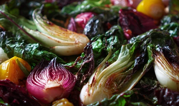 Gros plan d’épinards fondants, endives braisées et échalotes caramélisées