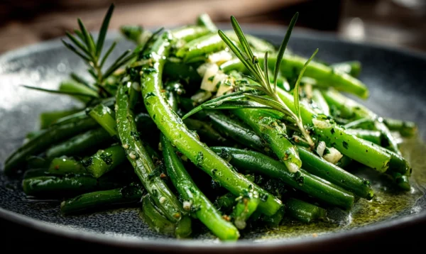Plat de haricots verts à la vapeur avec herbes et huile d’olive, photo culinaire lumineuse
