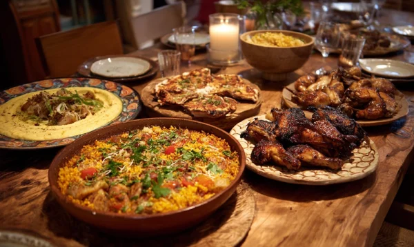 Table conviviale présentant des plats commençant par la lettre P comme paella, pizza et porc grillé