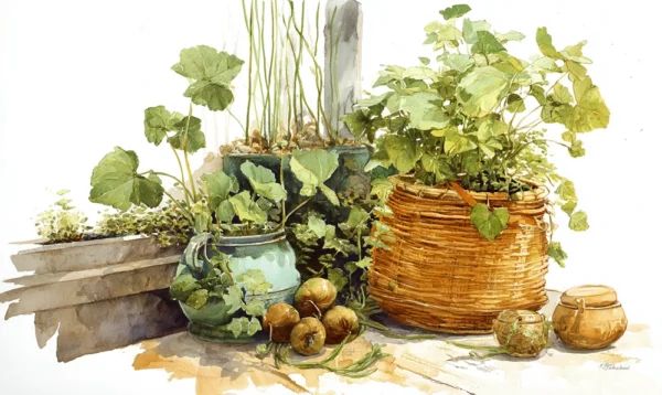 Illustration botanique des aliments en S avec salicorne, salsifis et sarrasin dans un potager côtier