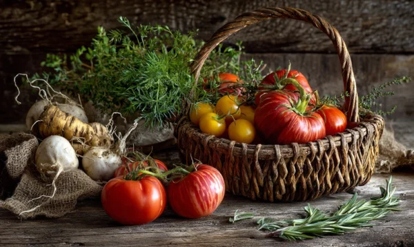 Composition de légumes en T sur un plan de travail rustique en bois