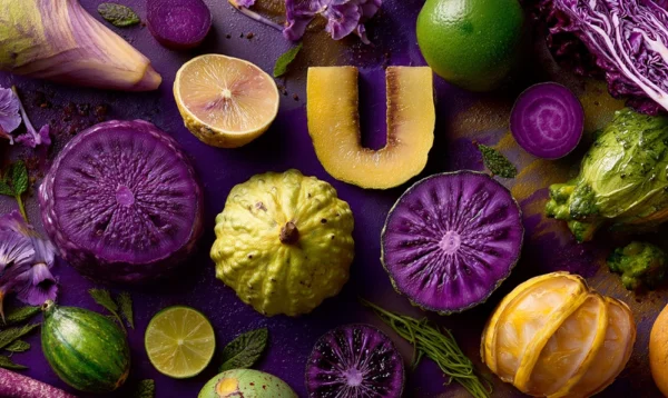 Fruits et légumes exotiques en U colorés sur un marché, Ube violette, Ugli jaune et Ulloco andin