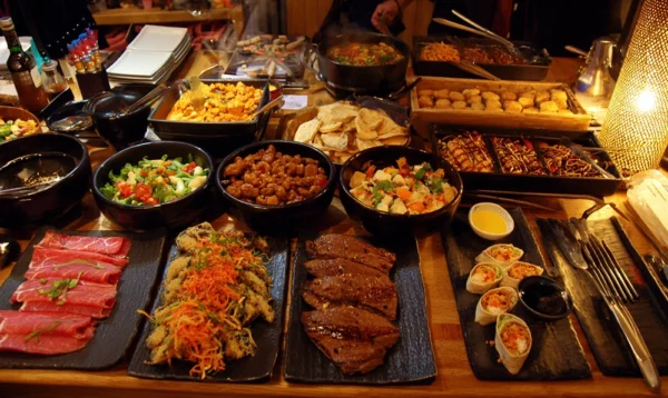 Buffet coloré présentant des plats internationaux en W : wagyu, waterzoï, welsh, wok et wrap