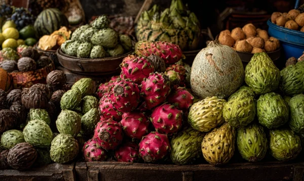 Xoconostle et Xilacayota sur un étal de marché tropical
