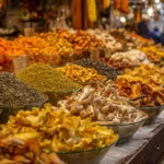 Marché coloré avec goyaves, girolles et grenades, symboles des aliments en G
