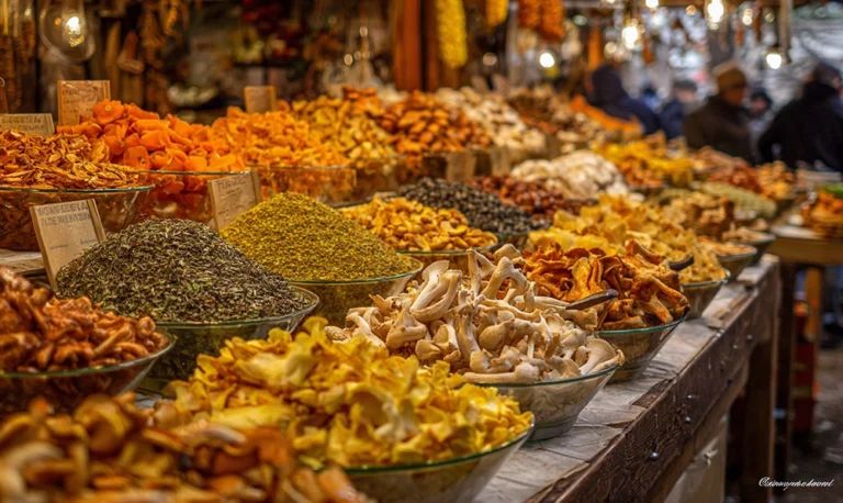 Marché coloré avec goyaves, girolles et grenades, symboles des aliments en G