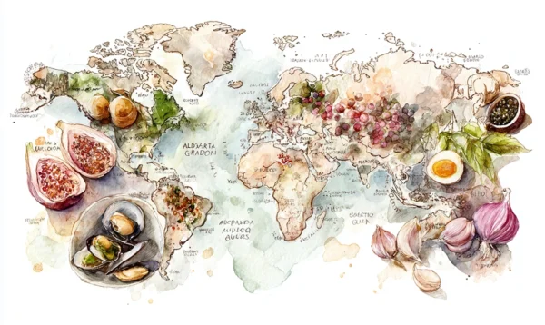Carte illustrée des aliments internationaux commençant par la lettre Q
