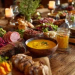 Table gourmande remplie d’aliments commençant par la lettre S comme saucisson, sarrasin, salade et sashimi