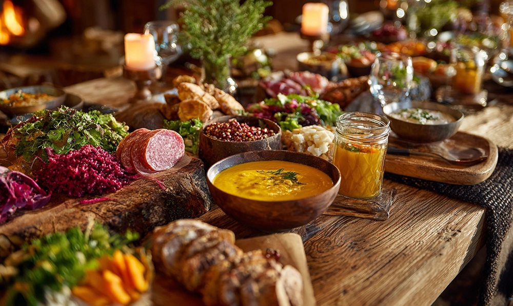 Table gourmande remplie d’aliments commençant par la lettre S comme saucisson, sarrasin, salade et sashimi