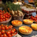 Étals de marché colorés avec tomates, topinambours, tofu et tartes Tatin