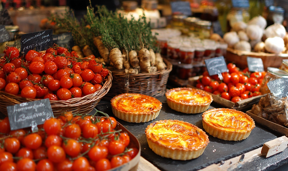Étals de marché colorés avec tomates, topinambours, tofu et tartes Tatin