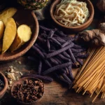 Table remplie d’aliments exotiques en U comme Udon, Ube, Ugli et Ubriaco, ambiance gourmande et chaleureuse