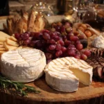 Assortiment d’aliments en V sur une table rustique : vacherin, vitelotte, vanille et vin rouge