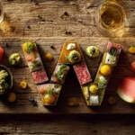 Lettre W formĂ©e dâaliments internationaux comme wagyu, wasabi, watermelon et whisky sur fond rustique