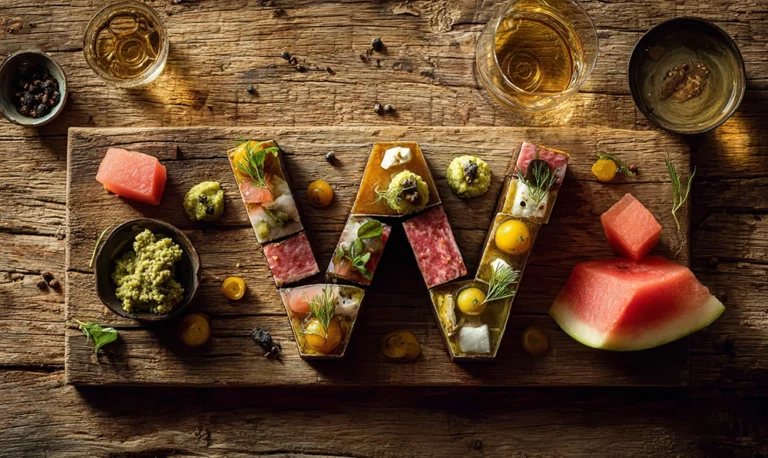Lettre W formée d’aliments internationaux comme wagyu, wasabi, watermelon et whisky sur fond rustique