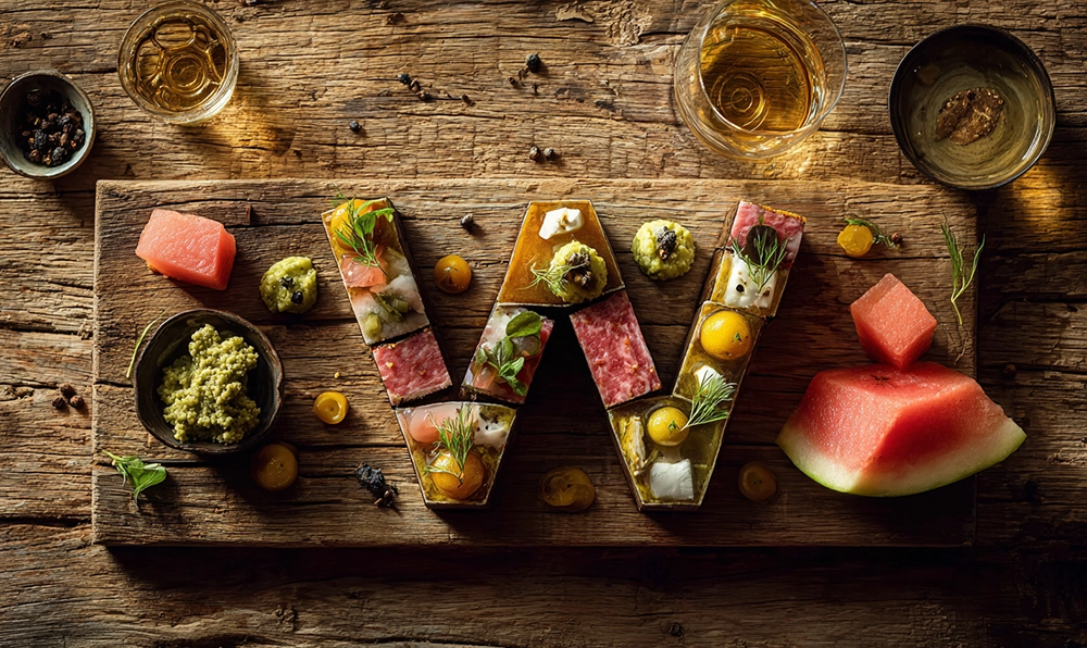 Lettre W formée d’aliments internationaux comme wagyu, wasabi, watermelon et whisky sur fond rustique