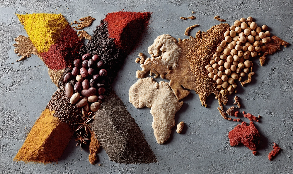 Illustration de la lettre X composée d’aliments exotiques comme le Xoconostle et le Xacuti