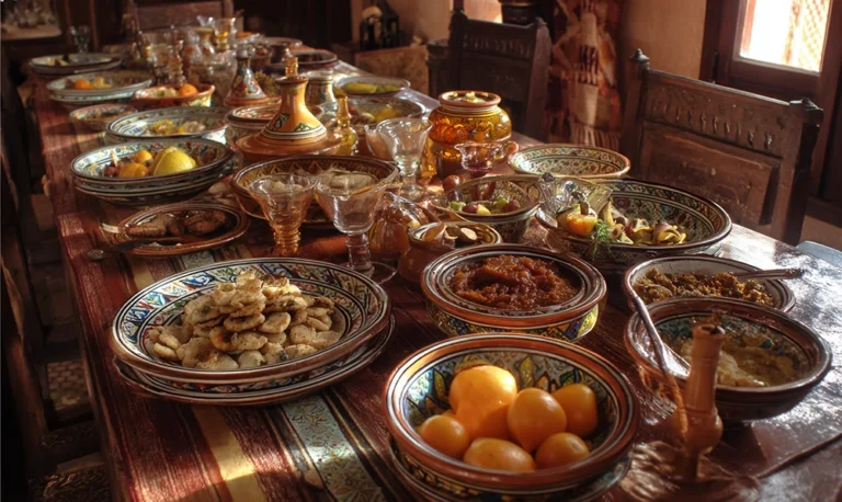Table colorée présentant des aliments exotiques en Z comme le zatte, le zaalouk et le zaatar