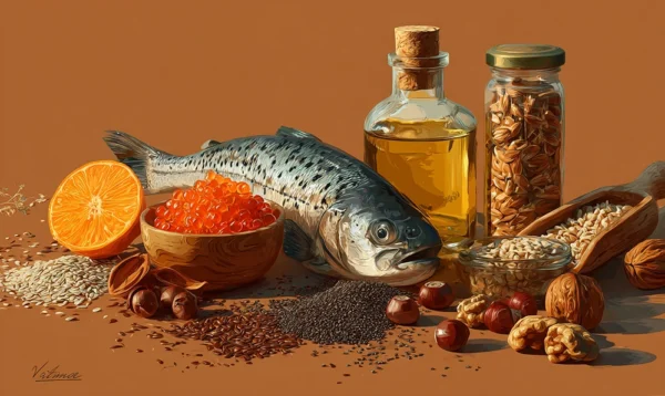 Composition santé avec huiles, graines et poissons riches en vitamine F