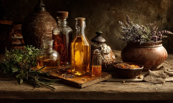 Bouteilles d’huiles, herbes de Provence et pot de harissa sur table en bois