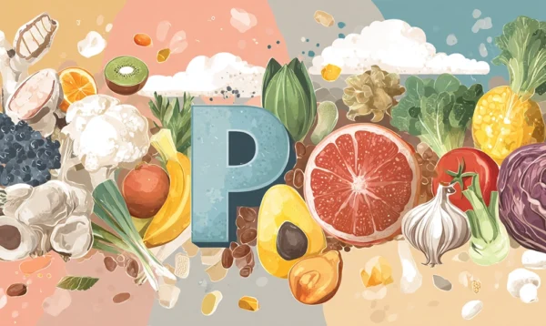 Infographie éducative sur les nutriments en P avec aliments riches en vitamines et minéraux