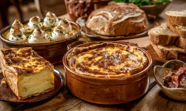 Table rustique française avec quiche lorraine, quenelles et gâteau quatre-quarts