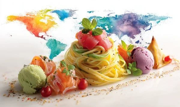 Montage international de plats commençant par S sur fond de carte du monde