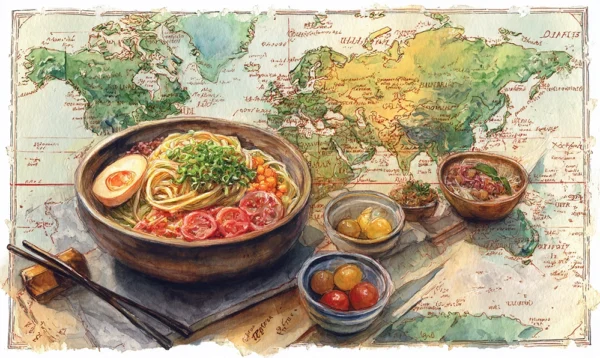 Illustration carte du monde des plats commençant par U comme Udon, Ugali, Ubriaco et Umeboshi