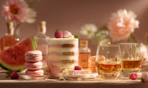 Desserts et verres de whisky présentés sur table festive, symboles des aliments en W