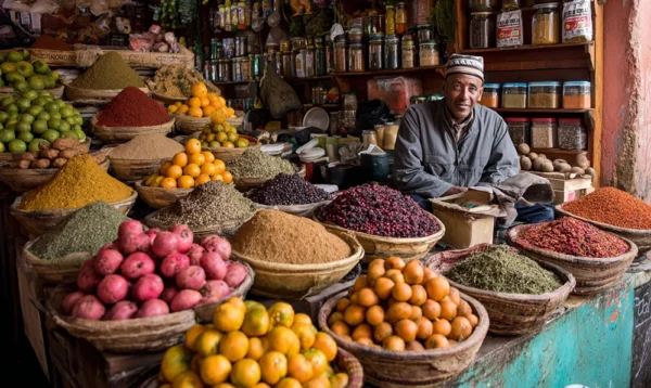 Étal d’un marché exotique rempli de fruits rares tels que le zatte et le zalzalak
