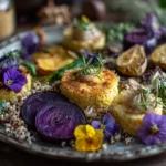 Assiette gourmande dâaliments en Q comme le quinoa, la quiche et la quetsche