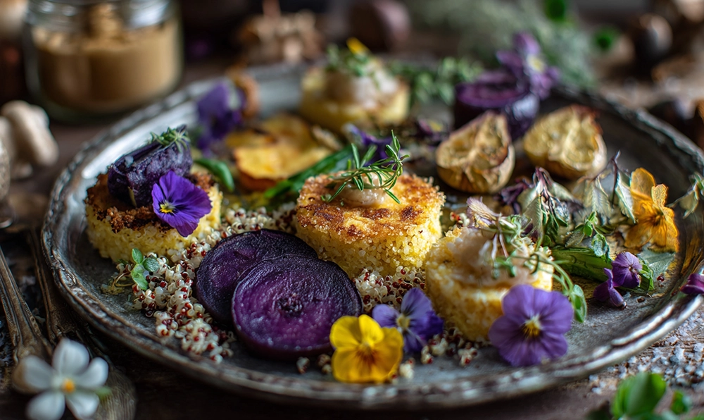 Assiette gourmande d’aliments en Q comme le quinoa, la quiche et la quetsche