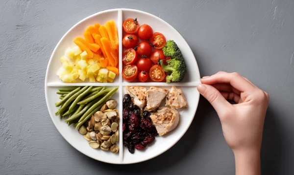 Photo d’une assiette équilibrée avec repères visuels main-poing-pouce pour doser les aliments