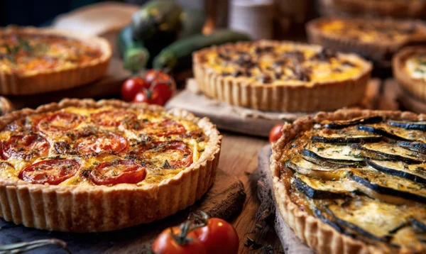 Sélection de tartes salées dorées réalisées avec une pâte sablée salée maison : légumes, fromage et herbes aromatiques