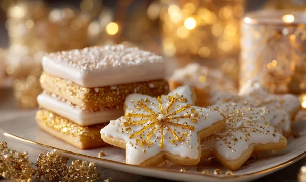 Sablés à l’amande décorés de glaçage et paillettes dorées