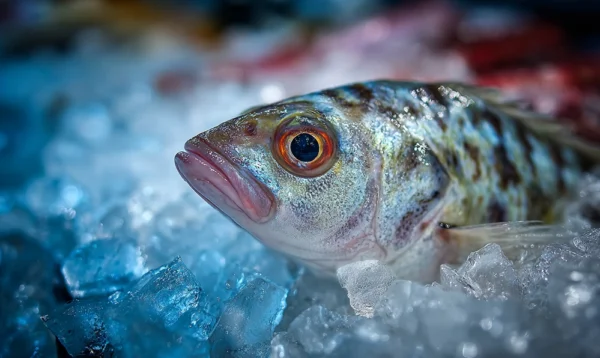 Poissonnier présentant un bar de ligne frais et brillant sur un lit de glace