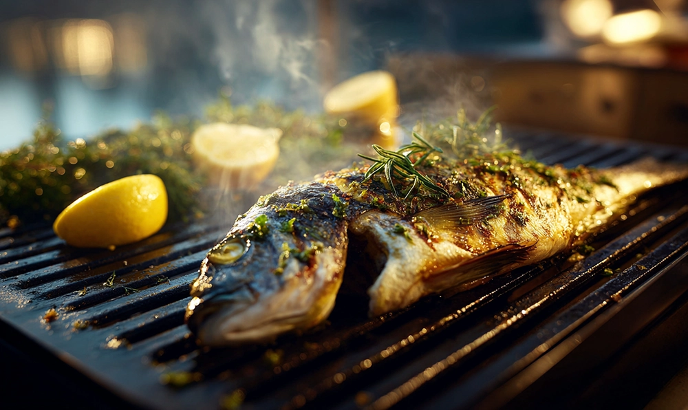 Bar grillé à la plancha avec citron et herbes sur terrasse en bord de mer