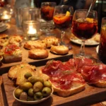 Bar espagnol festif à Madrid avec sangria et montaditos variés