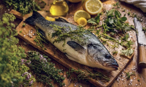 Black bass cru prêt à être cuisiné avec herbes et citron sur planche en bois
