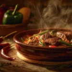 Photo d’un axoa de bœuf basque fumant avec poivrons et piment d’Espelette
