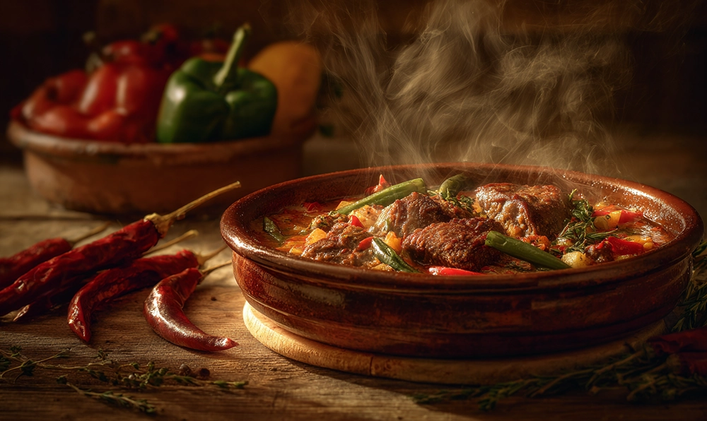 Photo d’un axoa de bœuf basque fumant avec poivrons et piment d’Espelette