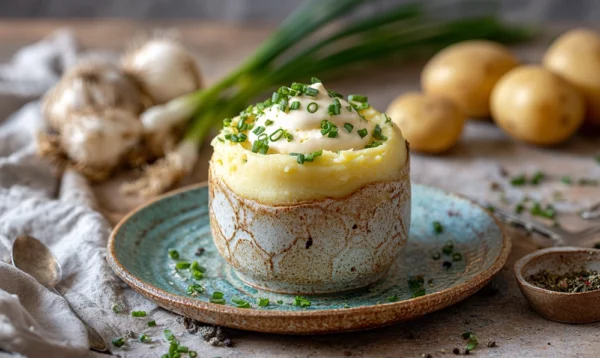 Bol de purée de poireaux crémeuse avec ciboulette et muscade