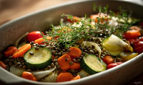 Bol de lentilles vertes et corail entouré de légumes frais et herbes aromatiques