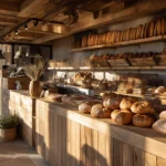 Vue intérieure d’une boulangerie artisanale avec pain au levain et ambiance chaleureuse